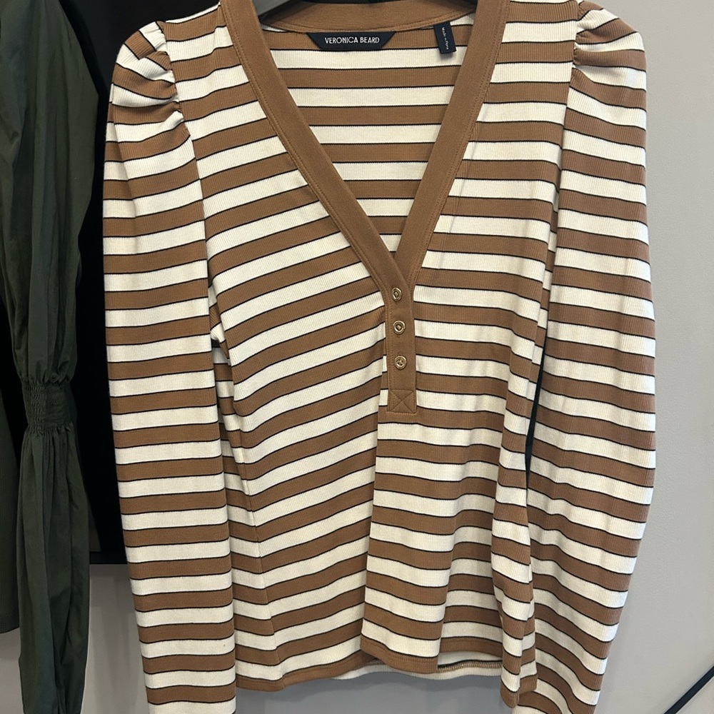 Veronica Beard V-Neck Brown and White Sweater